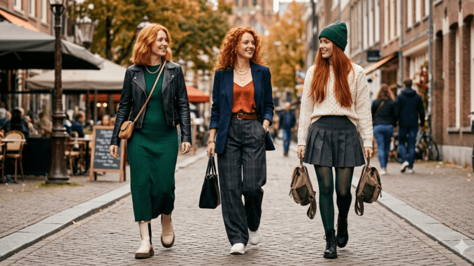 3 Outfits für Rothaarige, dunkelgrünes Kleid, schwarze Lederjacke, Dunkelblauer Blazer, graue Hose, weißer Pullover, grauer Faltenmini