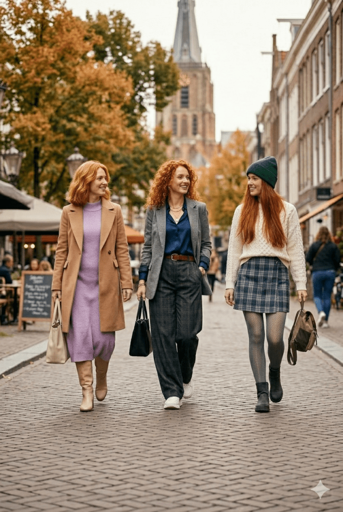 3 outfits für Rothaaige, fliederfarbenes Kleid, beige Kurzmantel, grauer Blazer, dunkelgraue Hose, blaues Hemd, Karo-Mini grau-blau, weißer Pullover