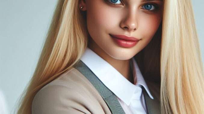 eine hellblonde Frau, schick gekleidet, mit langen und glatten Haaren Welche Farben stehen Blonden?