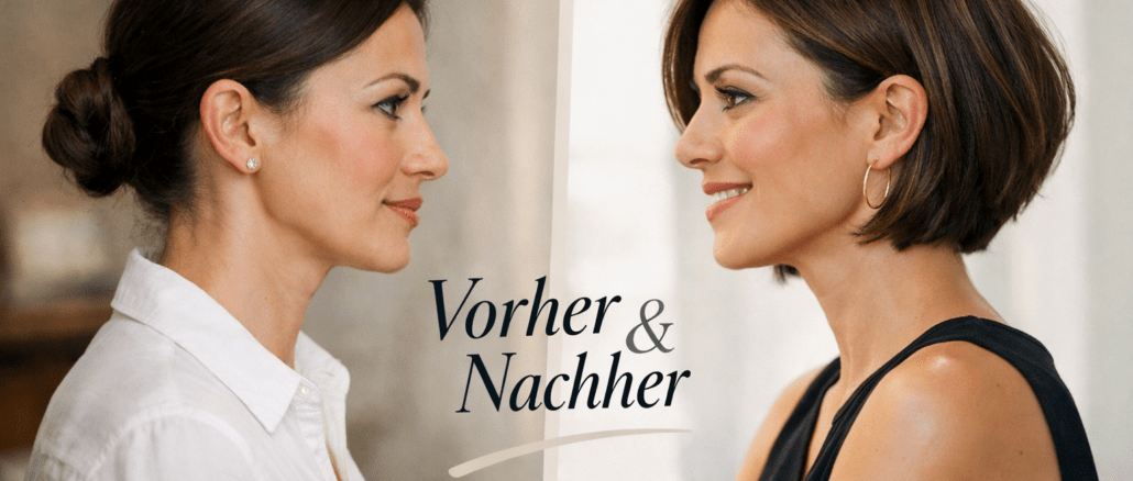 Liliane mit Dutt und mit kurzem Bob