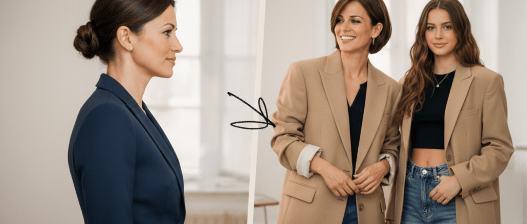 Frau mit schmalem Blazer vorher, nachher mit XXL-Blazer und Tochter auch im XXL-Blazer