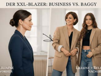 Frau mit schmalem Blazer vorher, nachher mit XXL-Blazer und Tochter auch im XXL-Blazer