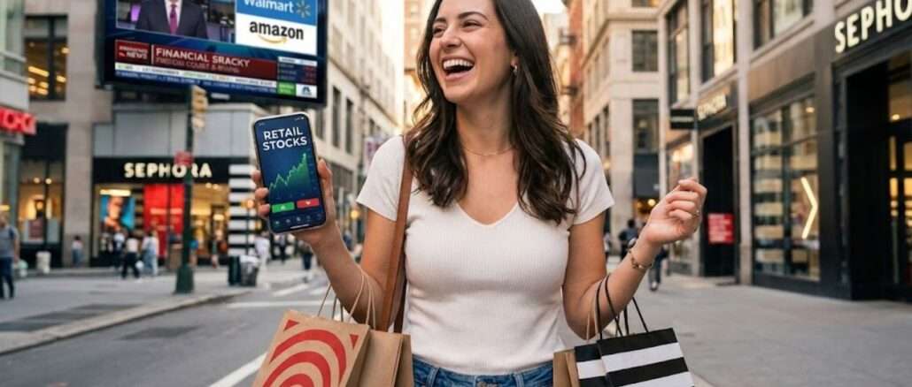 Frau in Großstadt hält Handy mit Aktienkursen hoch