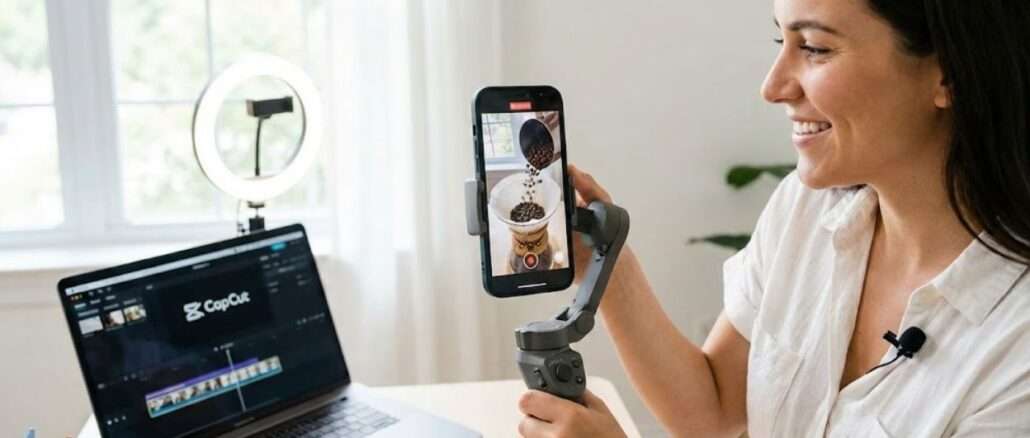 Frau dreht Video mit Smartphone und Notebook