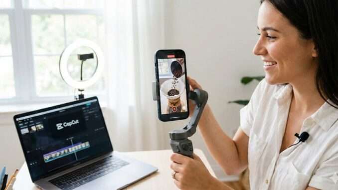 Frau dreht Video mit Smartphone und Notebook