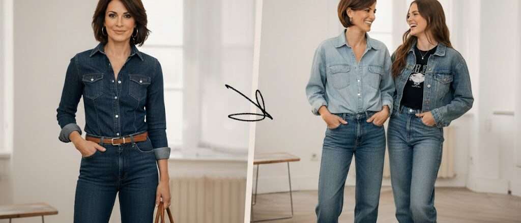 Jeans-Looks, links schmal mit Gürtel und Tasche, rechts weiter und lässiger, Mutter und Tochter.