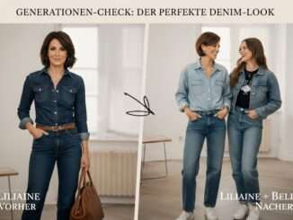 Jeans-Looks, links schmal mit Gürtel und Tasche, rechts weiter und lässiger, Mutter und Tochter.