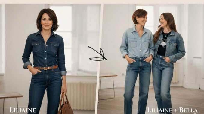 Jeans-Looks, links schmal mit Gürtel und Tasche, rechts weiter und lässiger, Mutter und Tochter.