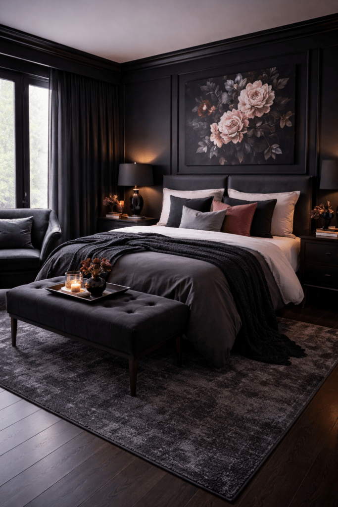 Schlafzimmer in Schwarz mit farbigen Akzenten