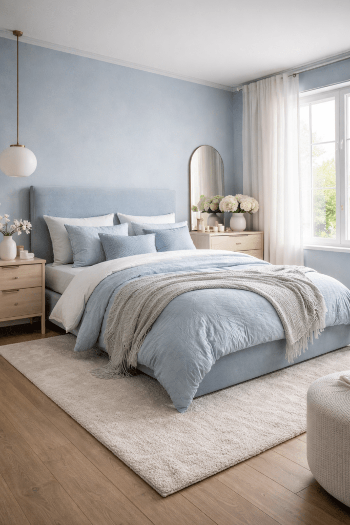 Schlafzimmer in kühlem Eisblau