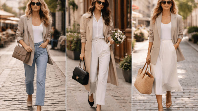3 Frühlingsoutfits mit hellen Blazern, Farben Weiß und Beige
