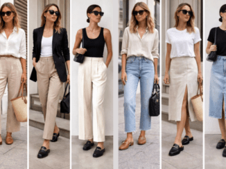 6 frühlingshafte Outfits mit offenen Loafern, helle Stoffhosen, Jeans mit schwarz