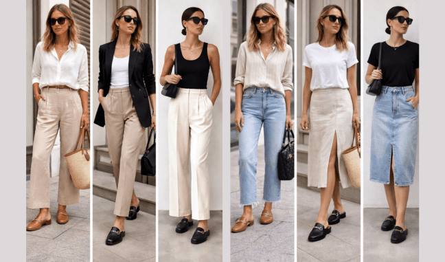6 frühlingshafte Outfits mit offenen Loafern, helle Stoffhosen, Jeans mit schwarz