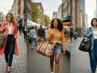 Drei Frauen in stilvollen Frühlings-Outfits (Pastellfarben) tragen große Handtaschen in einer sonnigen Stadt.