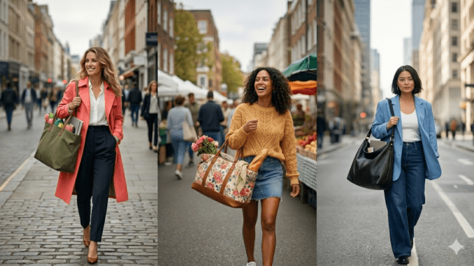 Drei Frauen in stilvollen Frühlings-Outfits (Pastellfarben) tragen große Handtaschen in einer sonnigen Stadt.
