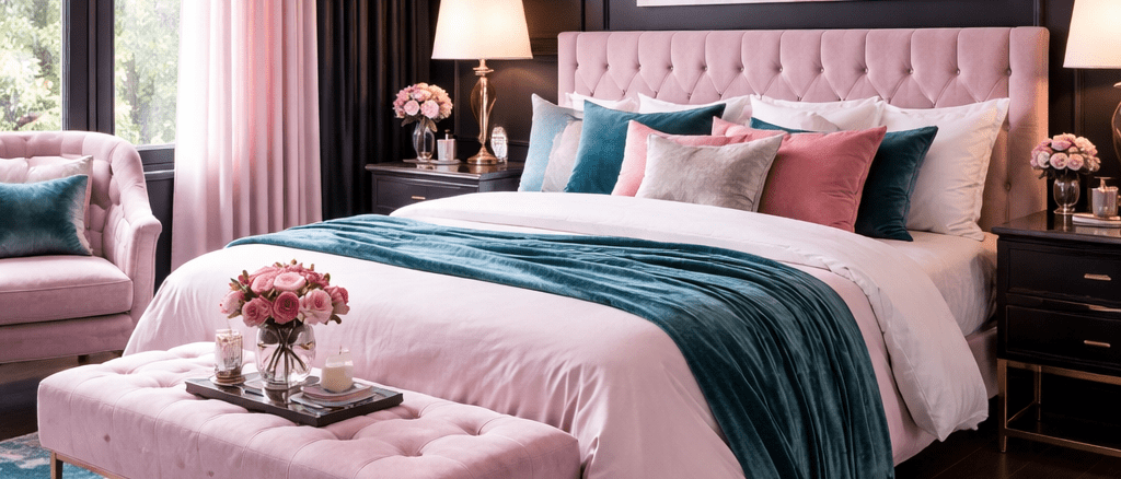 Schlafzimmer Schwarz mit farbigen Akzenten