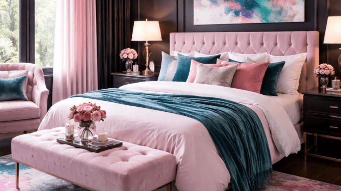 Schlafzimmer Schwarz mit farbigen Akzenten