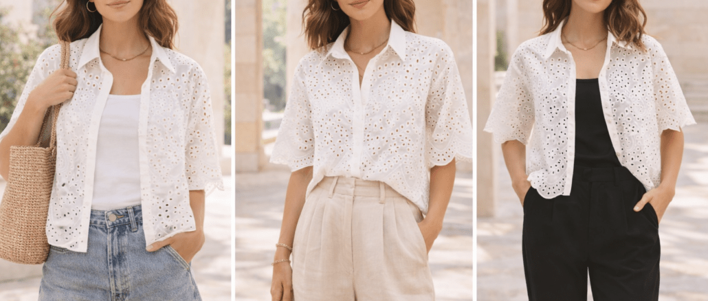 drei Outfits mit weißen dentelle blusen: Jeansshorts, Leinenhose, schwarzes Top plus schwarze Hose