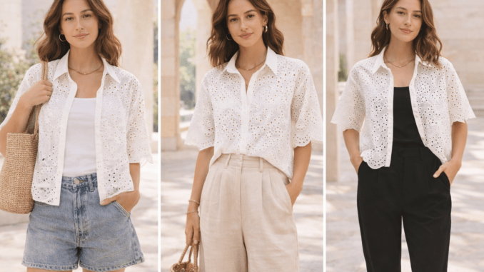 drei Outfits mit weißen dentelle blusen: Jeansshorts, Leinenhose, schwarzes Top plus schwarze Hose