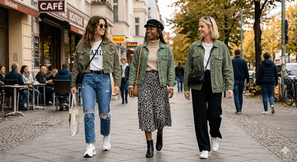 Drei Frauen in Berlin street style mit grüner Jeansjacke, drei verschiedene Outfits: casual mit Jeans, chic mit Midirock, minimalistisch mit schwarzer Hose.