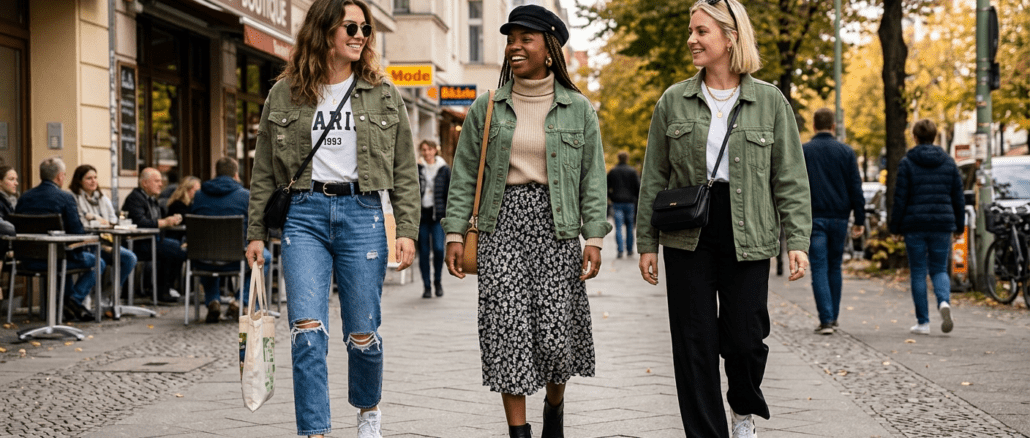 3 Outfits mit grünen Jeansjacken, mit Rock, Jeans, T-Shirts, Sneaker