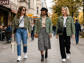 3 Outfits mit grünen Jeansjacken, mit Rock, Jeans, T-Shirts, Sneaker