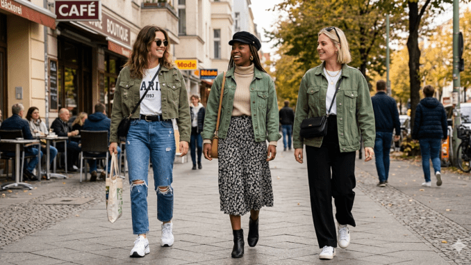 3 Outfits mit grünen Jeansjacken, mit Rock, Jeans, T-Shirts, Sneaker