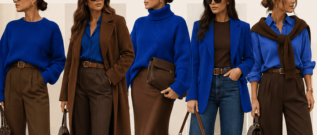 Kobaltblau und Kaffeebraun verschiedene elegante Outfits