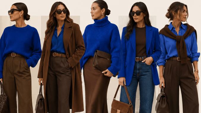 Kobaltblau und Kaffeebraun verschiedene elegante Outfits