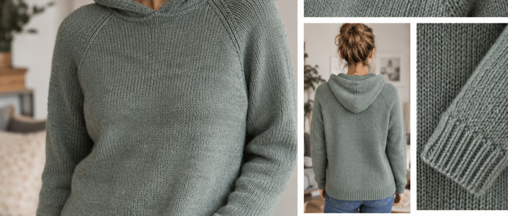 Strick Hoodie Anleitung grauer Raglan pullover , junge Frau mit braunen haaren