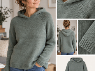 Strick Hoodie Anleitung grauer Raglan pullover , junge Frau mit braunen haaren