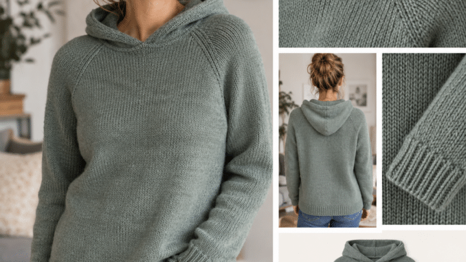 Strick Hoodie Anleitung grauer Raglan pullover , junge Frau mit braunen haaren