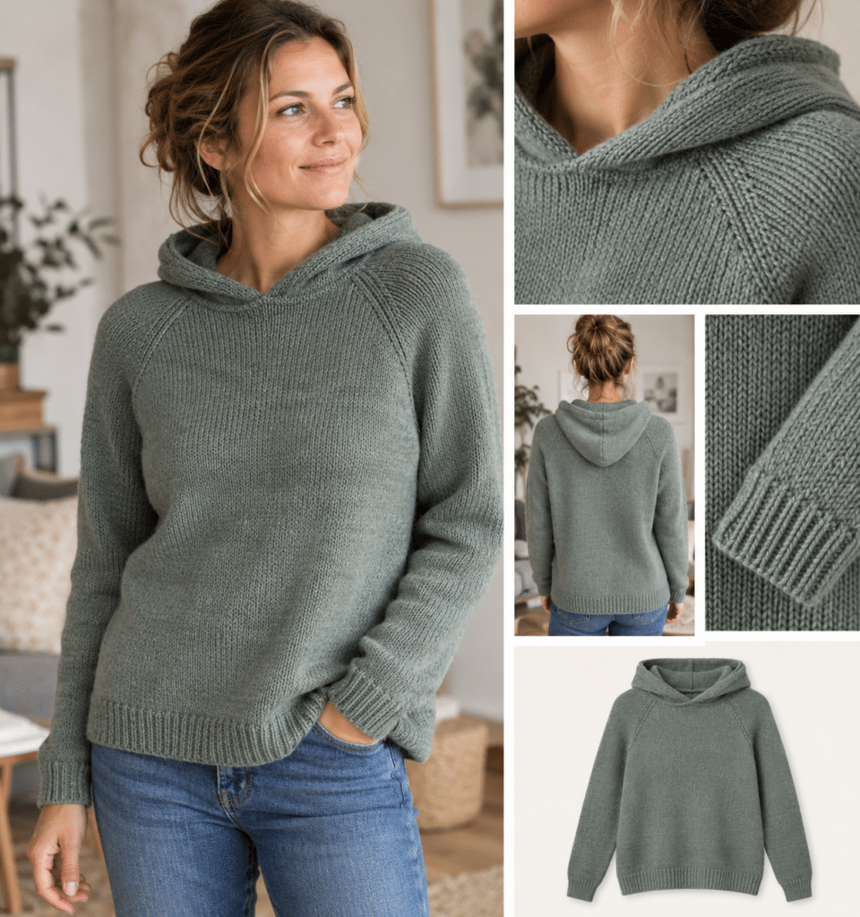 Strick Hoodie Anleitung grauer Raglan pullover , junge Frau mit braunen haaren