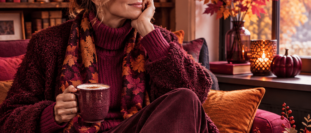 Herbstmood, Frau sitzt im Wohnzimmer trinkt etwas, alles in den Farben auburn, orange, gelb