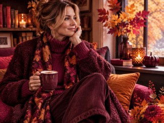 Herbstmood, Frau sitzt im Wohnzimmer trinkt etwas, alles in den Farben auburn, orange, gelb