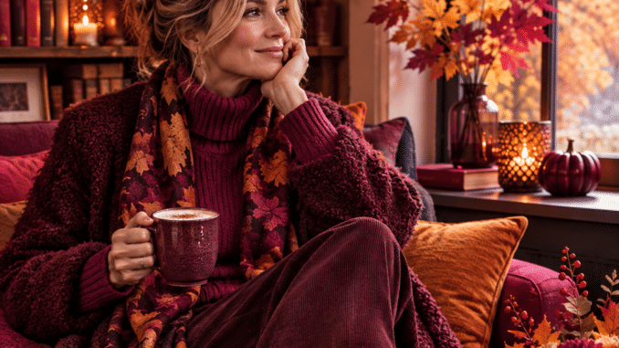 Herbstmood, Frau sitzt im Wohnzimmer trinkt etwas, alles in den Farben auburn, orange, gelb