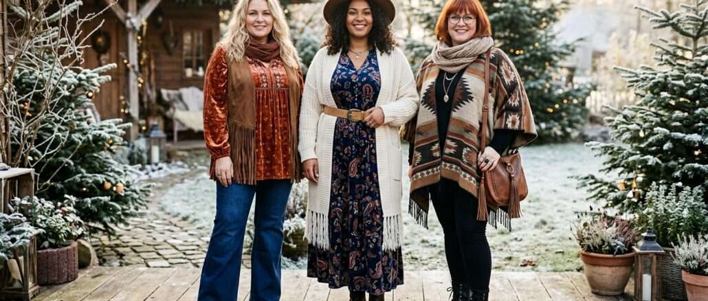 Winter Boho Outfit für Plus Size Figuren mit Maxikleid und Strickjacke Plus Size Frau im winterlichen Boho Lagenlook mit Filzhut und Boots Mollige Frau mit Boho Tunika und Ausfallhose im Winter