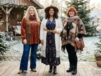 Winter Boho Outfit für Plus Size Figuren mit Maxikleid und Strickjacke Plus Size Frau im winterlichen Boho Lagenlook mit Filzhut und Boots Mollige Frau mit Boho Tunika und Ausfallhose im Winter