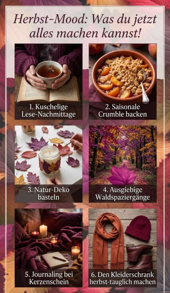Herbsmood Collage mti 6 Bildern in den Farben auburn, orange , gelb, Outfit, Kuchen, Gesteck